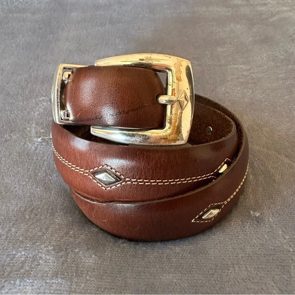 BRIGHTON Brown Leather Silver Stud Denver P3507 DIAMOND Belt Size 32